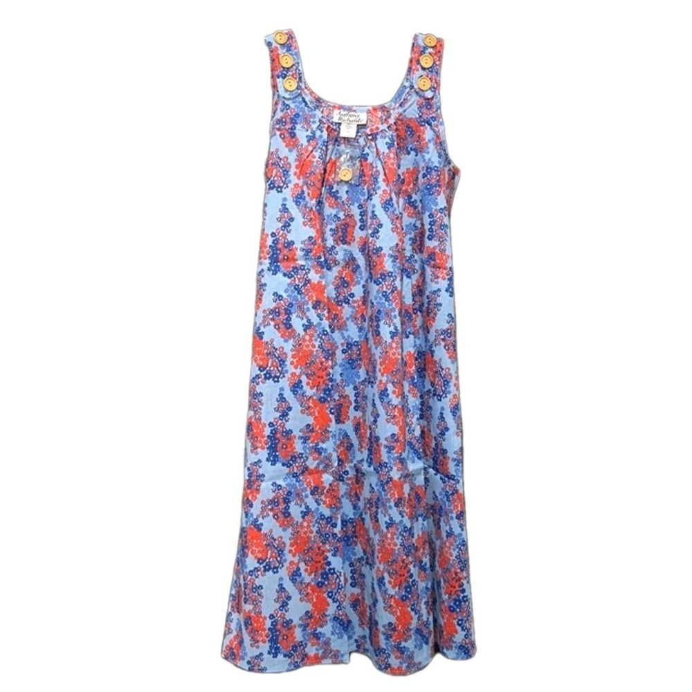 A. Richards VTG Aughts Y2K Sun Dress Midi Blue Floral Wooden Buttons Womens XL
